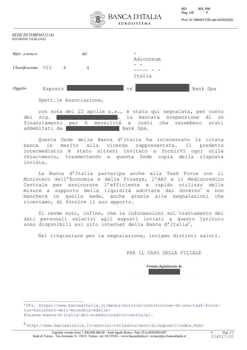 SEGNALAZIONI ALLA BANCA D’ITALIA IN MERITO ALLA SOSPENSIONE RATE PRESTITI PERSONALI E MUTUI