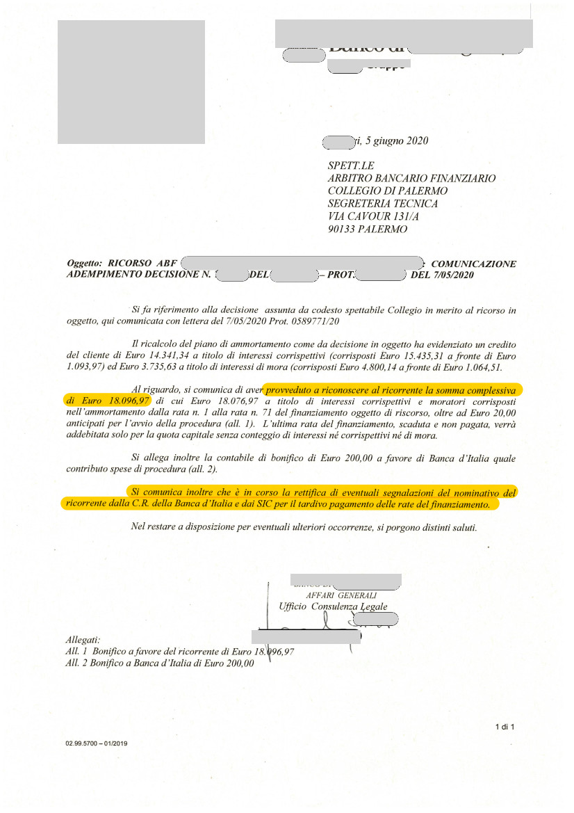 PRESTITO CHIROGRAFARIO – CANCELLAZIONE CENTRALE RISCHI contro B**** di  S******* – Rimborso € 18.096,97