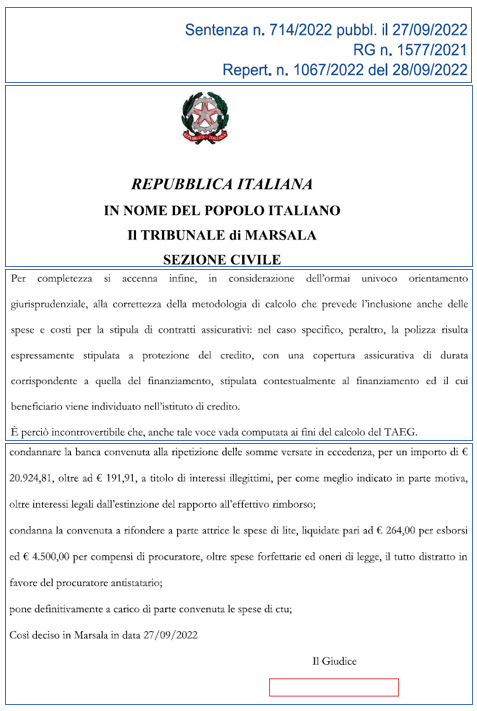 PRESTITO PERSONALE – TR. DI MARSALA- Rimborso di € 21.116,72 –  Banca M***E D*I P****I DI S***A S.p.a. –