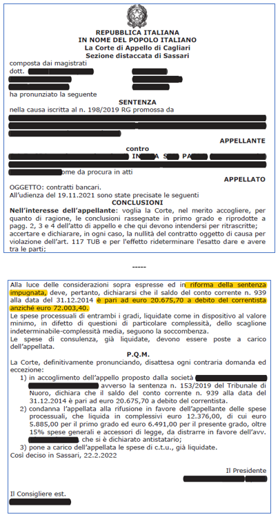 FIDO BANCARIO – CORTE D’APPELLO DI SASSARI- Riduzione del debito di € 51.327,70