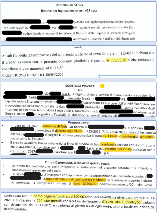 OPPOSIZIONE AL DECRETO INGIUNTIVO – CARTA REVOLVING E PRESTITO – TR. DI NOLA – Valore di € 17.338,20 – ACCORDO TRANSATIVO –