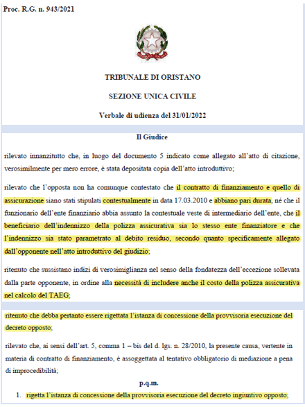 OPPOSIZIONE DECRETO INGIUNTIVO – PRESTITO PERSONALE – TR. DI ORISTANO – Valore di € 11.508,48 – C******* S.p.a.-