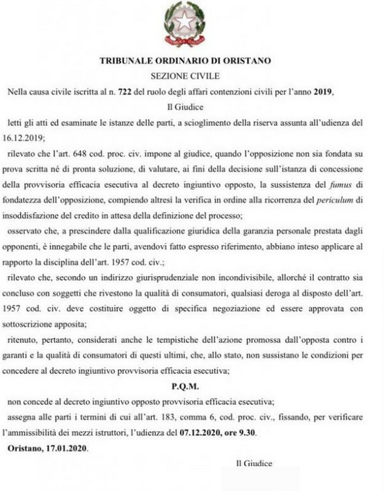 OPPOSIZIONE A DECRETO INGIUNTIVO – FIDO BANCARIO – TR. DI ORISTANO – Valore di € 23.365,15 –