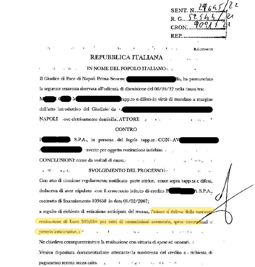 G. di Pace – Accolta la richiesta di rimborso per oneri trattenuti all’atto dell’estinzione anticipata –  concesso da P****I****A S.p.a.