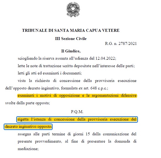 OPPOSIZIONE A DECRETO INGIUNTIVO – MUTUO- Tr. di Santa Maria Capua Vetere – Valore sospeso €  251.041,33 su tre mutui con  I***** S******* SpA