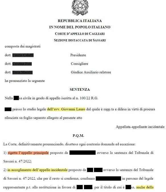 MUTUO- Corte d’appello di Cagliari – Rimborso per  € 194.009,57 Banca  I***** S******* SpA
