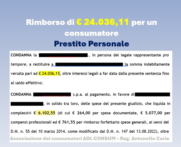 PRESTITO PERSONALE – RIMBORSO DI € 24.036,11 – Tribunale di Vasto