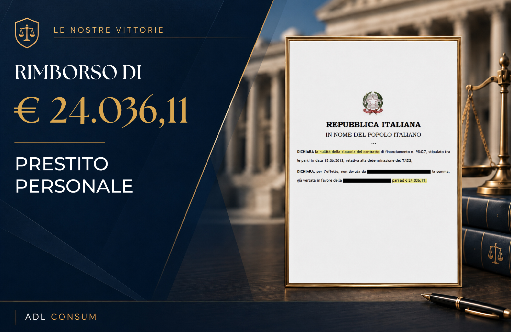 PRESTITO PERSONALE - RIMBORSO DI € 24.036,11 - Tribunale di Vasto