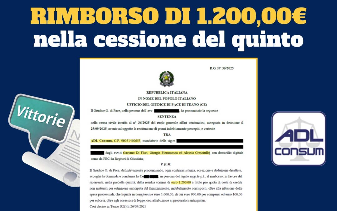 CESSIONE DEL QUINTO – RIMBORSO di € 1.200,00 – GDP TEANO