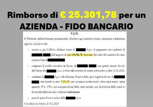 FIDO BANCARIO – RIMBORSO DI € 25.301,78 –         Tribunale di Nuoro