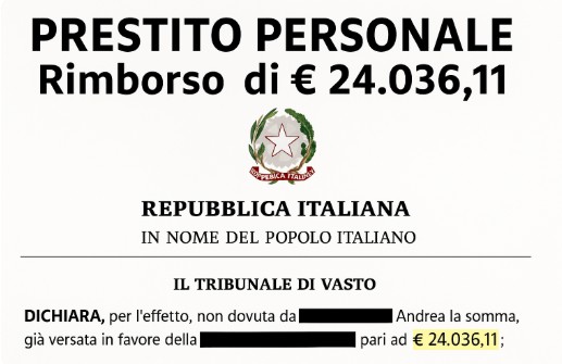 PRESTITO PERSONALE – RIMBORSO DI € 24.036,11 – Tribunale di Vasto