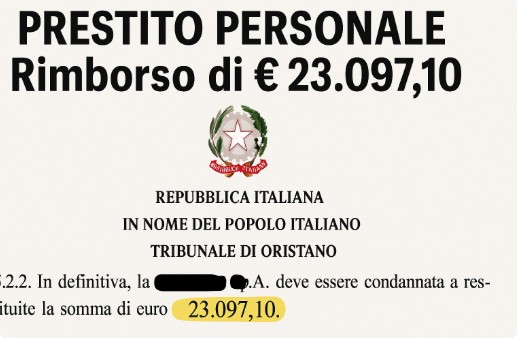 PRESTITO PERSONALE – Rimborso di € 23.097,10 Tribunale di Oristano – Accolta la richiesta di rimborso