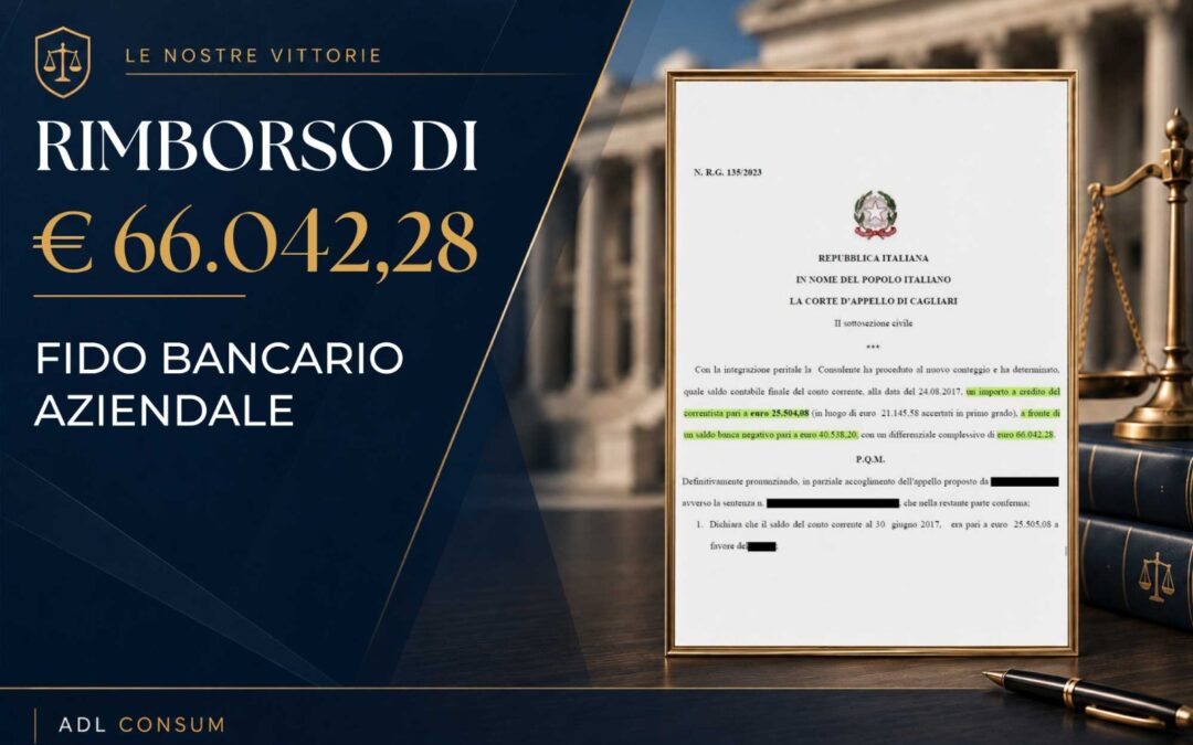 FIDO BANCARIO AZIENDALE– RIMBORSO DI 66.042,28 – CORTE D’APPELLO DI CAGLIARI